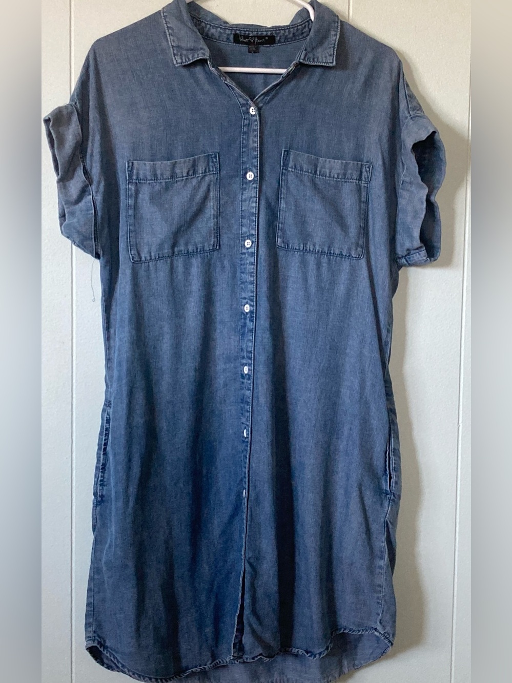 Velvet Heart SZ L Blue Denim Shirt Dress Short sleeve,Button up 100% Cotton